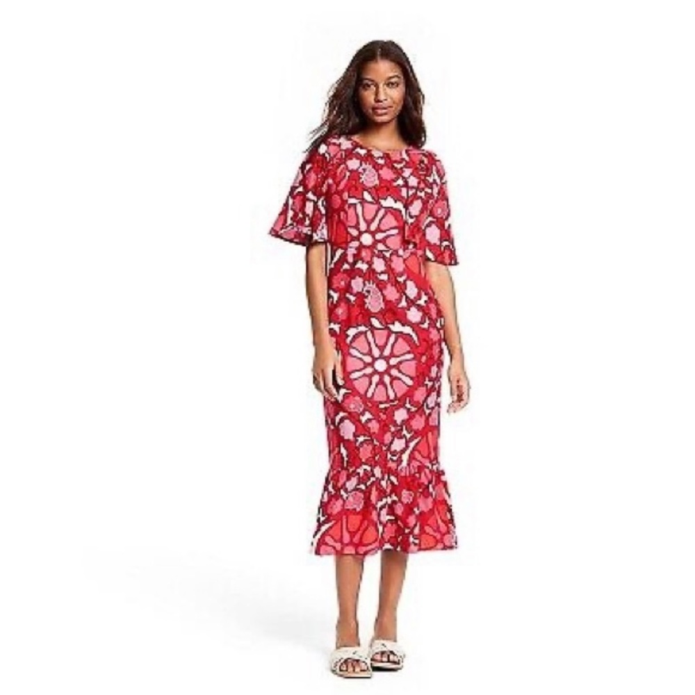 Target NWT x Rhode Red Women's Large Zinnia Floral Print Bell Sleeve Midi Dress